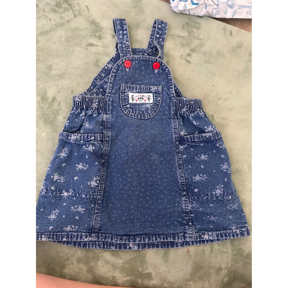 Vintage OshKosh Bgosh Vestbak Denim Jumper Dress Teddy Bear Floral Blue 4T USA‎